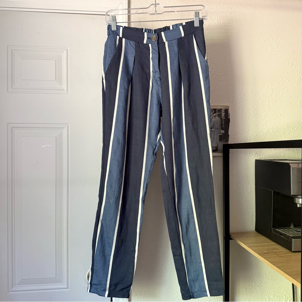 LAB blue navy white striped‎ linen viscose slim leg cropped trousers pants